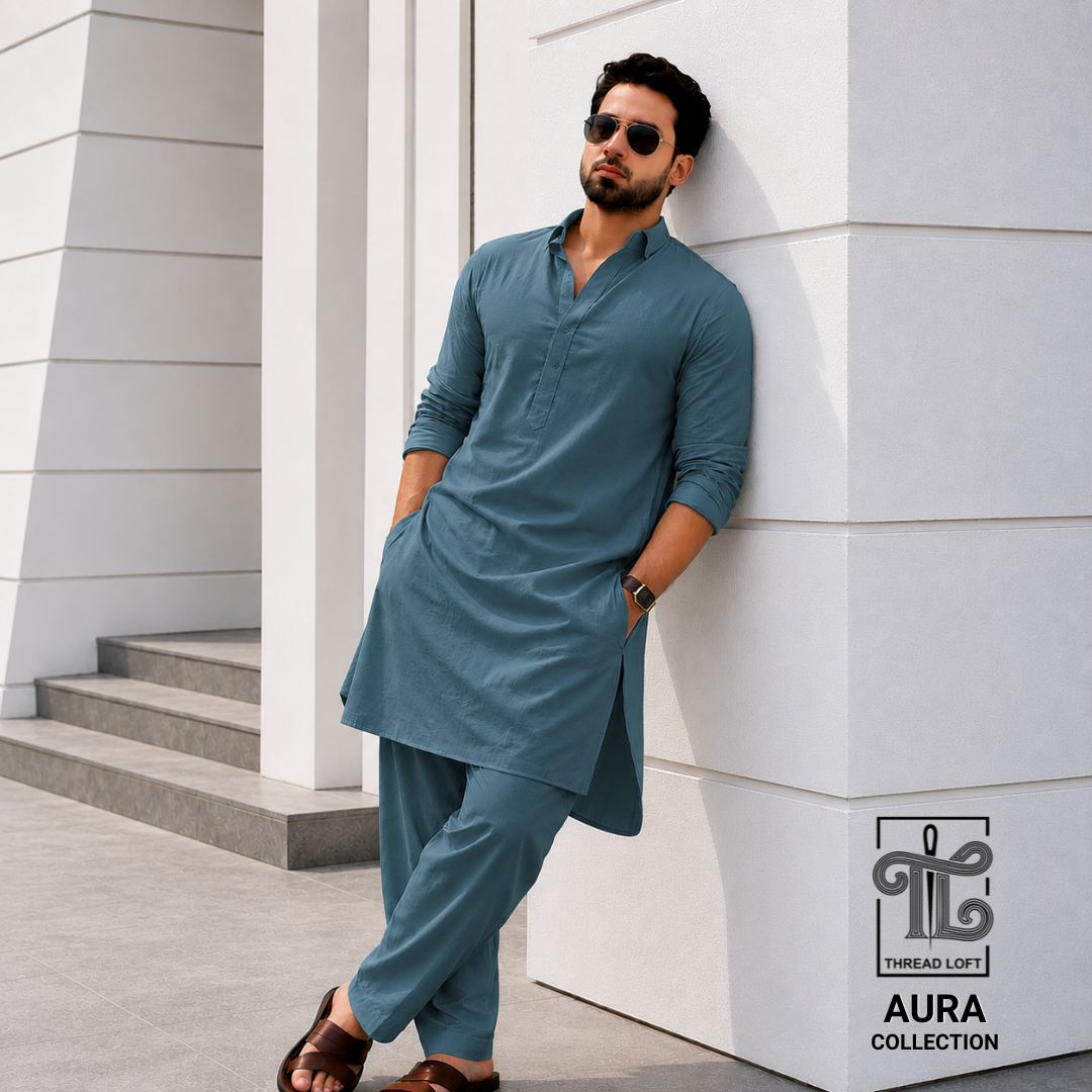 Ocean Blue Men’s Shalwar Kameez – Premium Relaxed Fit