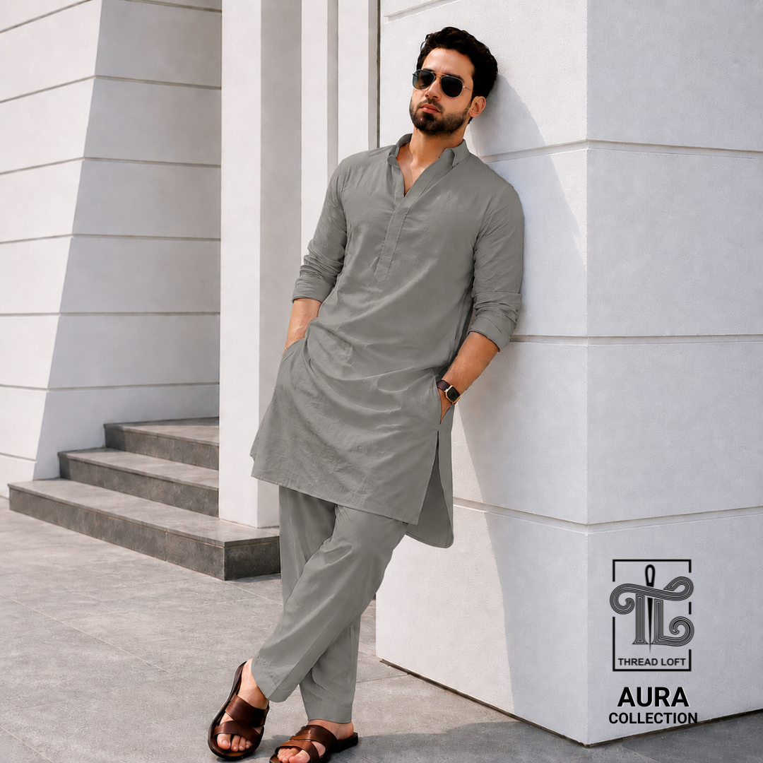 Ash Grey Men’s Shalwar Kameez – Premium Relaxed Fit