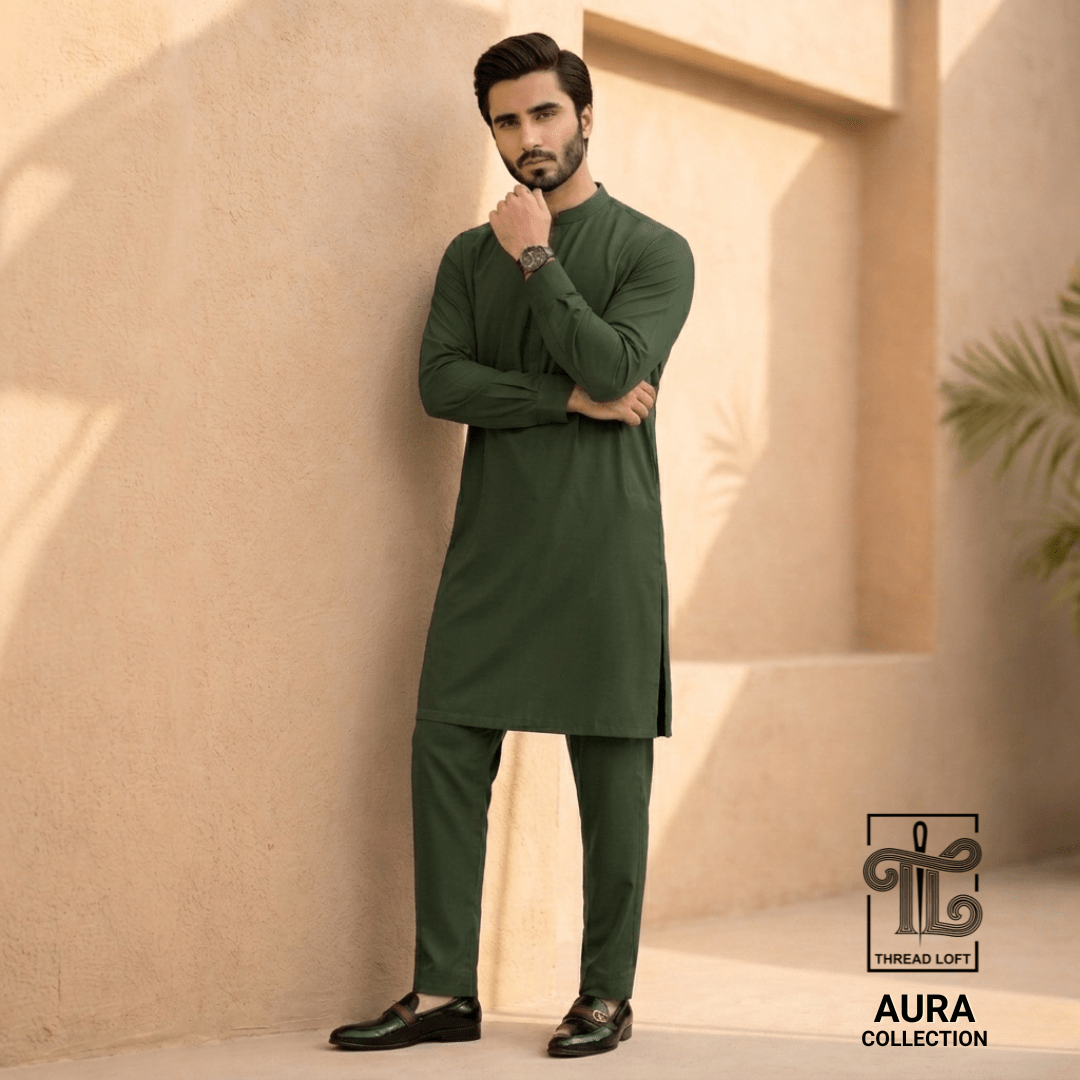 Bottle Green Men’s Shalwar Kameez – Premium Tailored Fit - Threadloft