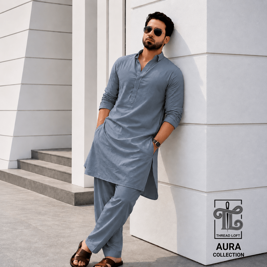 Dusty Blue Men’s Shalwar Kameez – Premium Relaxed Fit - Threadloft