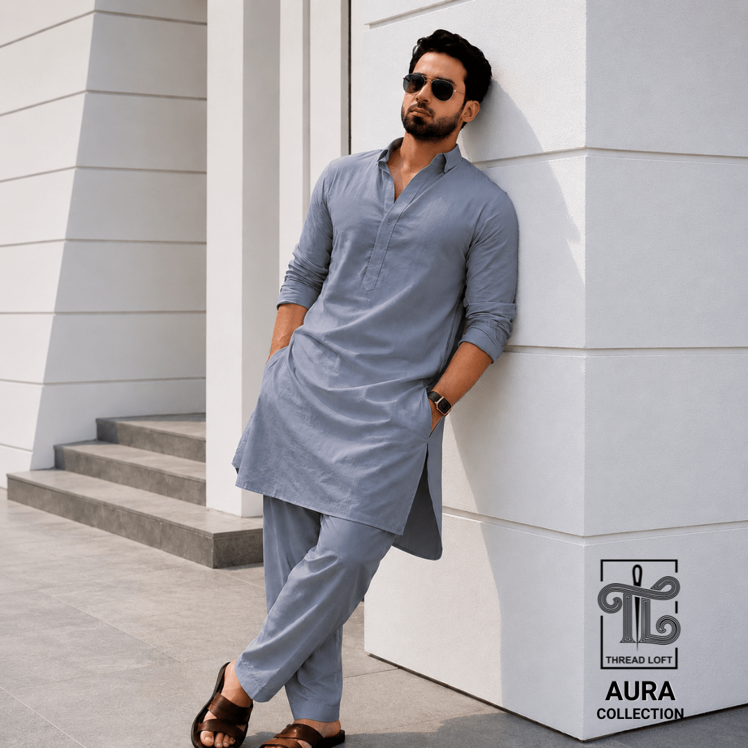 Pearl Grey Men’s Shalwar Kameez – Premium Relaxed Fit - Threadloft