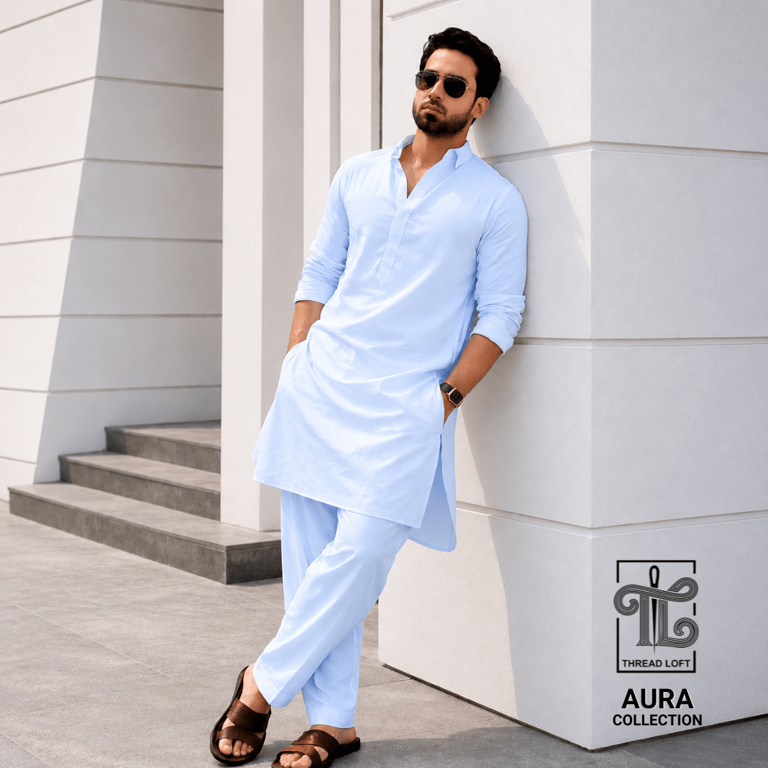 Sky Blue Men’s Shalwar Kameez – Premium Relaxed Fit - Threadloft