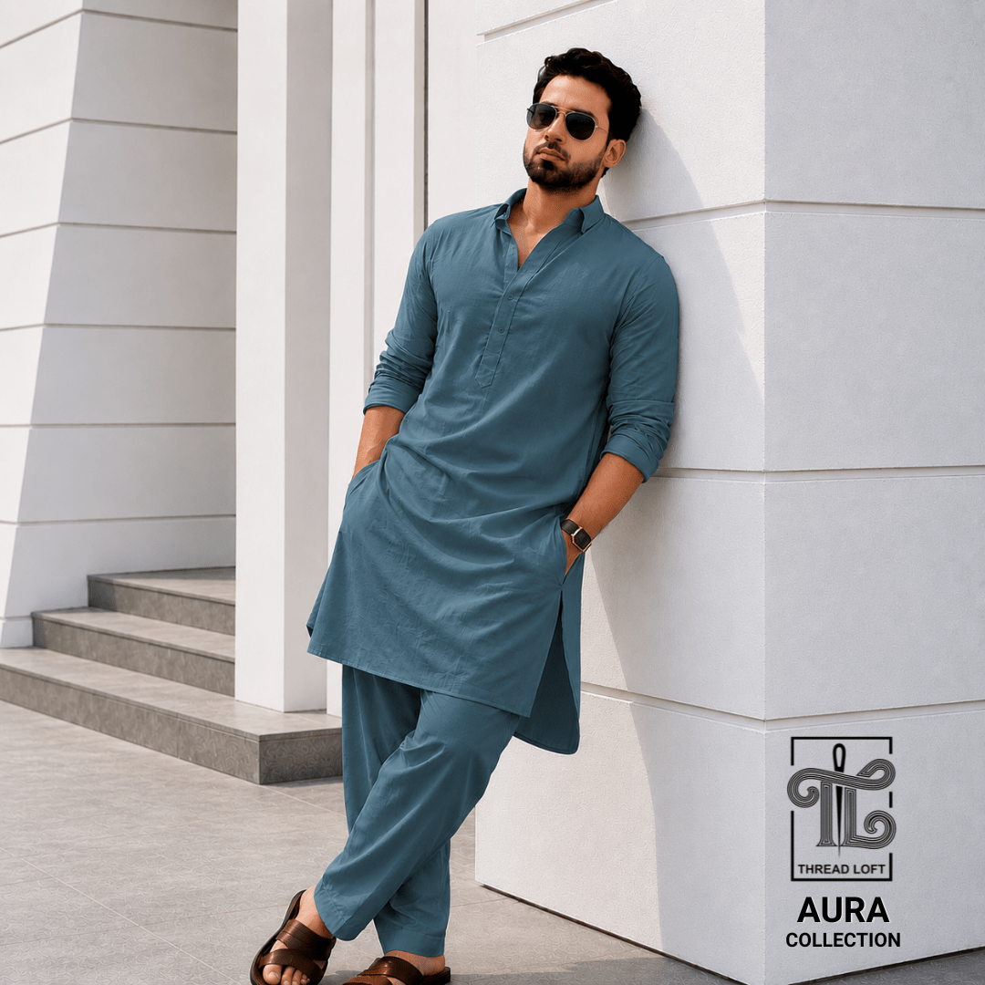 Teal Blue Men’s Shalwar Kameez – Premium Relaxed Fit - Threadloft